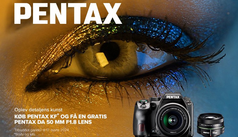 Køb et Pentax KF kamera og få objektivet 50mm f/1.8 med uden beregning.